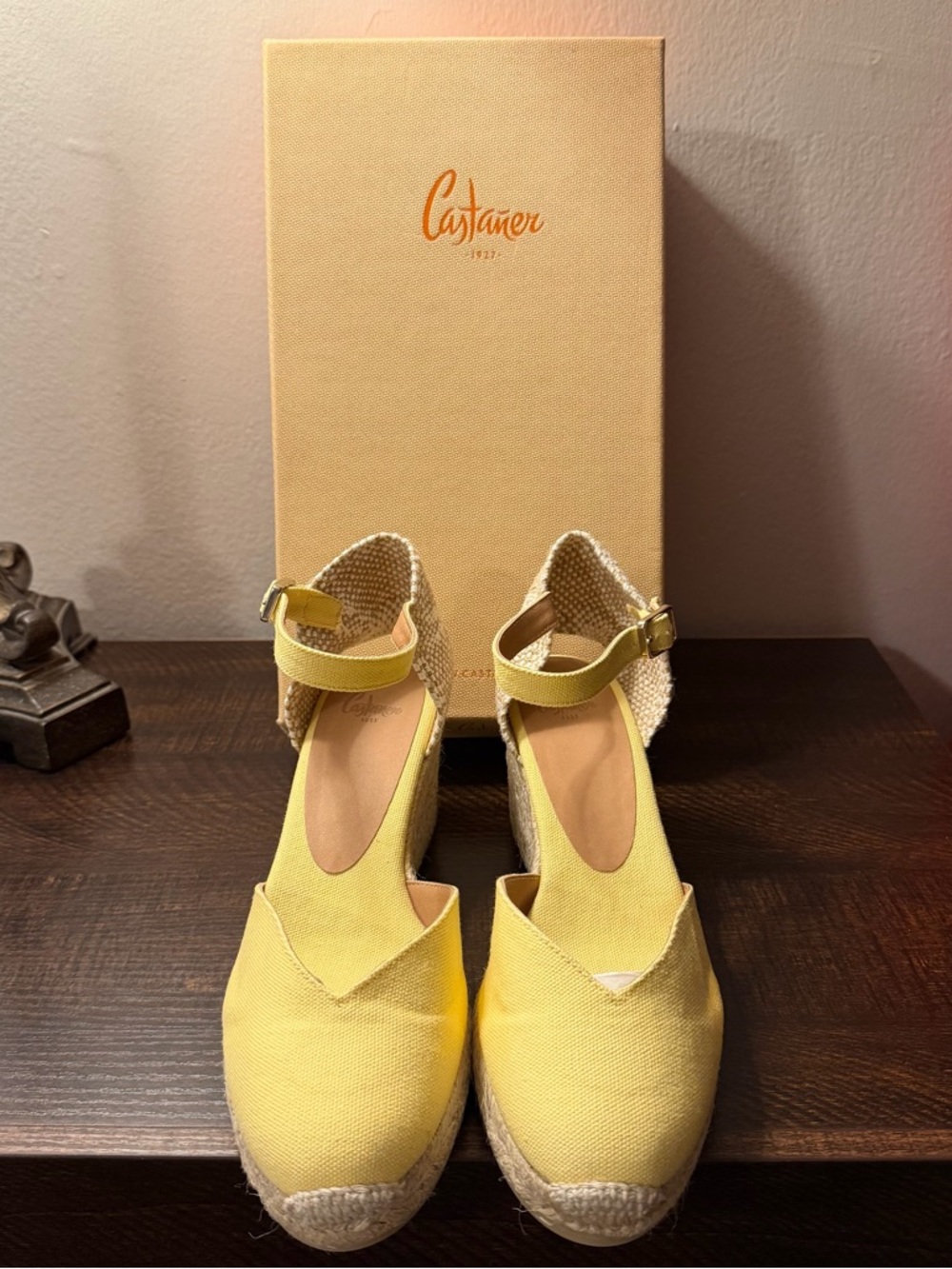 Castaner Yellow Canvas Ankle-Strap Wedge Espadrilles with Jute Heel